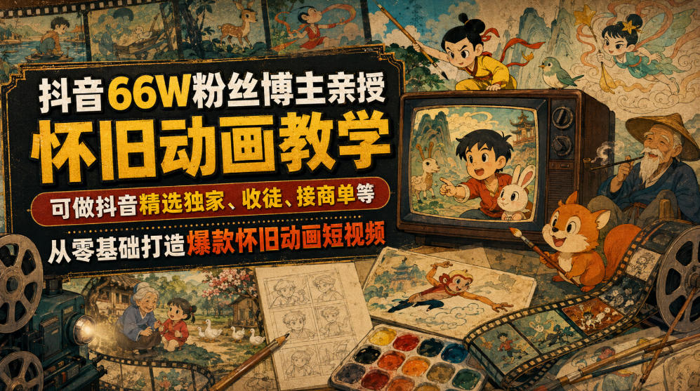 抖音66W粉丝博主亲授怀旧动画教学,可做抖音精选独家、收徒、接商单等,从零基础打造爆款怀旧动画短视频-天韵资源网