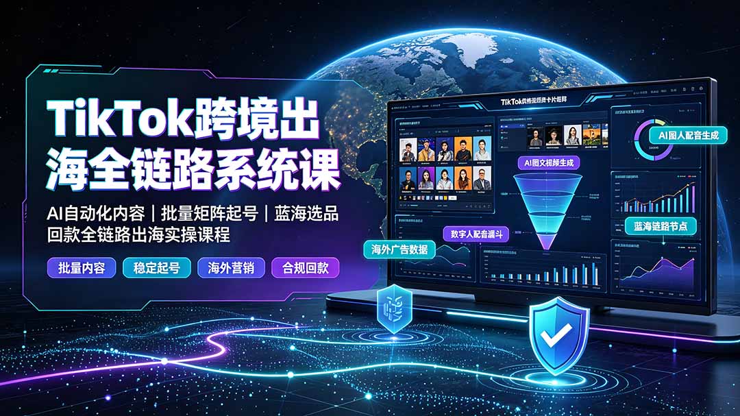 TikTok跨境出海全链路系统课-2026年7月:AI自动化内容|批量矩阵起号|蓝海选品回款全链路出海实操课程-天韵资源网