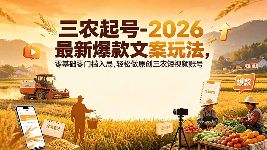 三农起号-2026 最新爆款文案玩法，零基础零门槛入局，轻松做原创三农短视频账号-天韵资源网