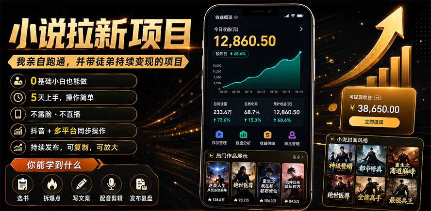 抖音及多平台小说拉新项目：我亲自跑通并持续带徒弟实操｜0基础小白5天上手快速变现-天韵资源网