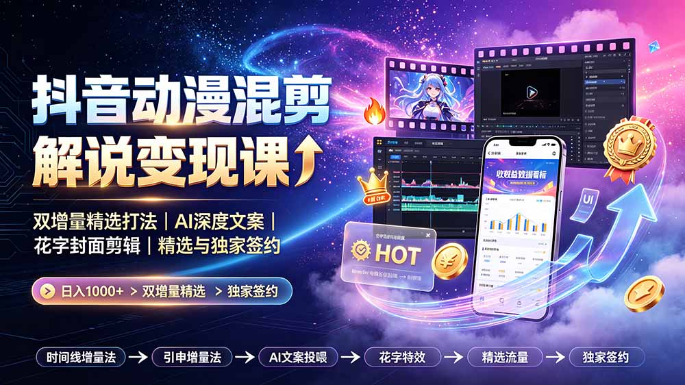 抖音动漫混剪解说变现课：双增量精选打法｜AI深度文案｜花字封面剪辑｜ 精选与独家签约日入1000+-天韵资源网
