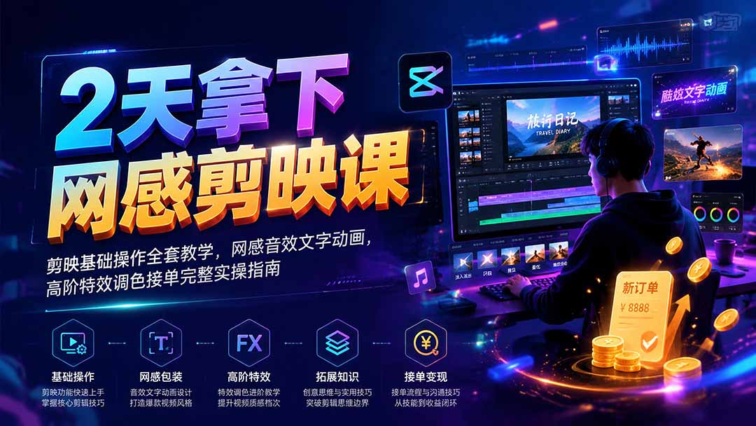2天拿下网感剪辑课｜剪映基础操作全套教学，网感音效文字动画，高阶特效调色接单完整实操指南-天韵资源网