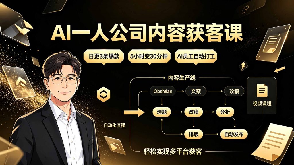 AI一人公司内容获客课:日更3条爆款×5小时变30分钟×AI员工自动打工,轻松实现多平台获客-天韵资源网