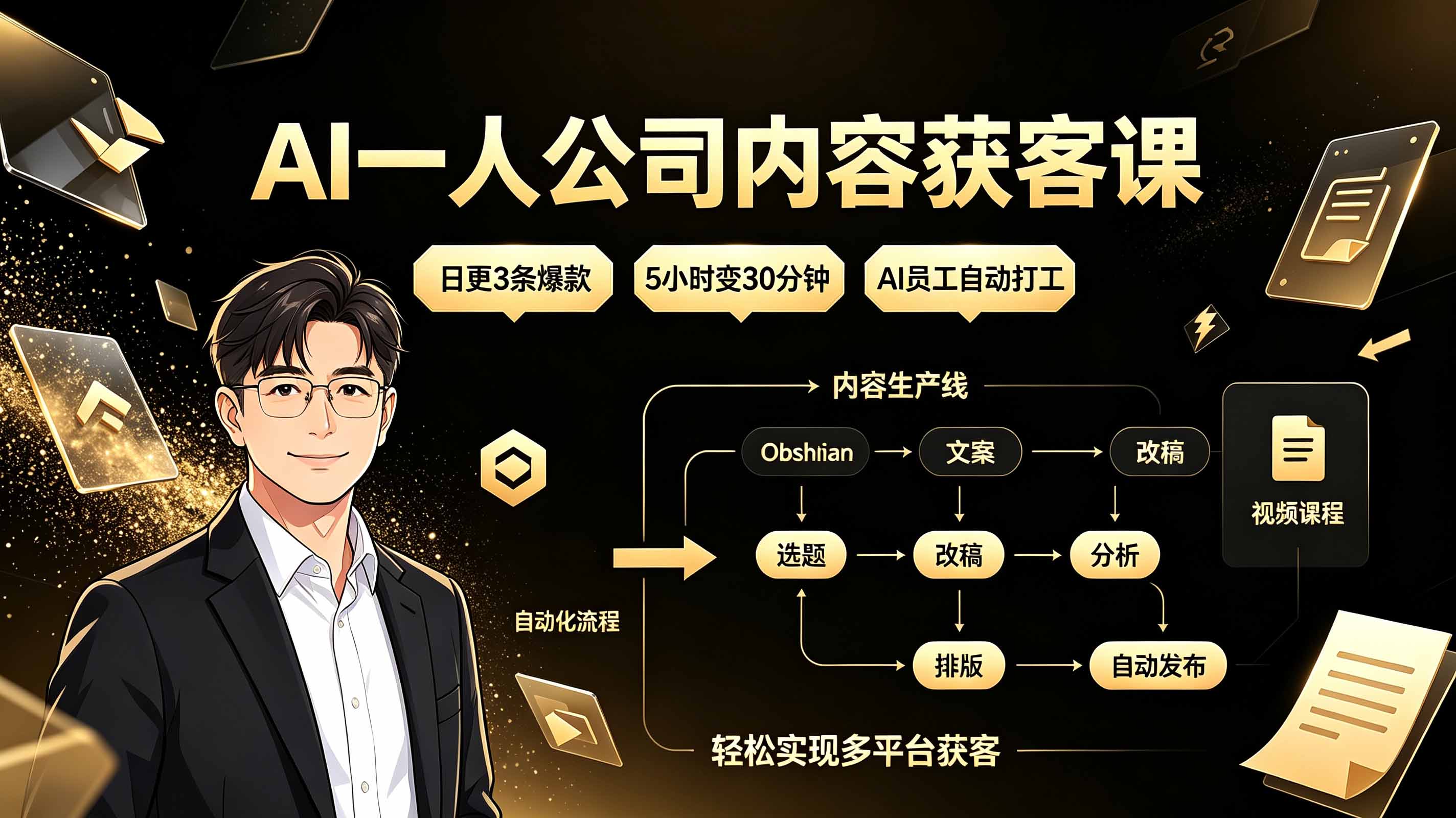 AI一人公司内容获客课：日更3条爆款×5小时变30分钟×AI员工自动打工，轻松实现多平台获客-天韵资源网