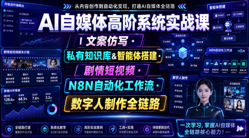 AI自媒体高阶系统实战课｜文案仿写・私有知识库&智能体搭建・剧情短视频・N8N自动化工作流・数字人制作全链路-天韵资源网