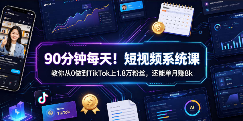 90分钟每天！短视频系统课教你从0做到TikTok上1.8万粉丝，还能单月賺8k【原创双语字幕】-天韵资源网