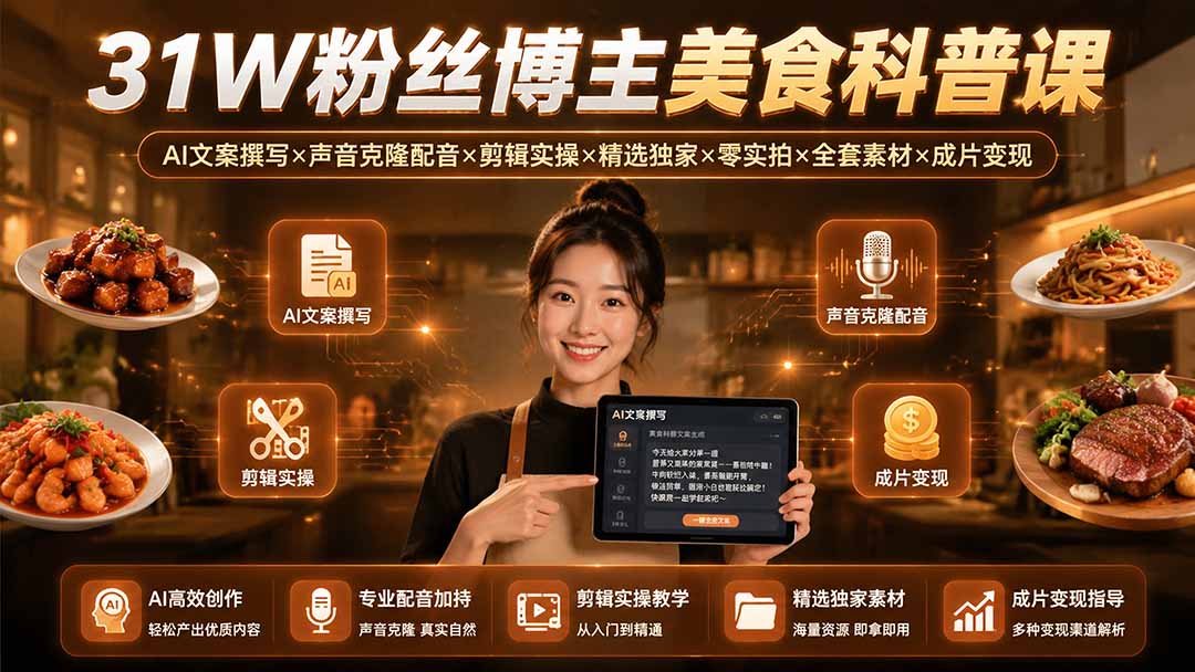 31W粉丝博主美食科普课:AI文案撰写×声音克隆配音×剪辑实操×精选独家×零实拍×全套素材×成片变现-天韵资源网