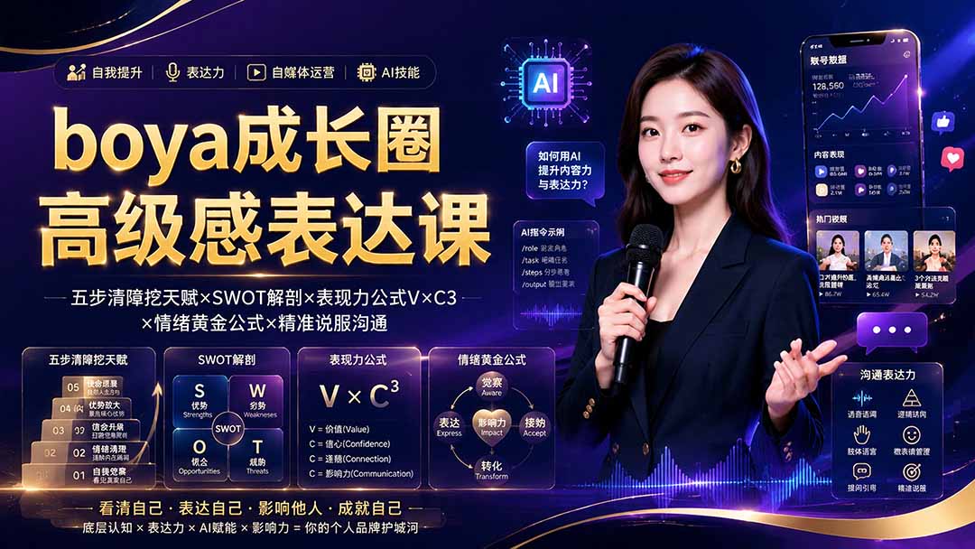 boya成长圈｜内心成长高级表达AI自媒体三合一，消解内耗挖掘天赋，镜头沟通AI指令短视频全流程教学-天韵资源网