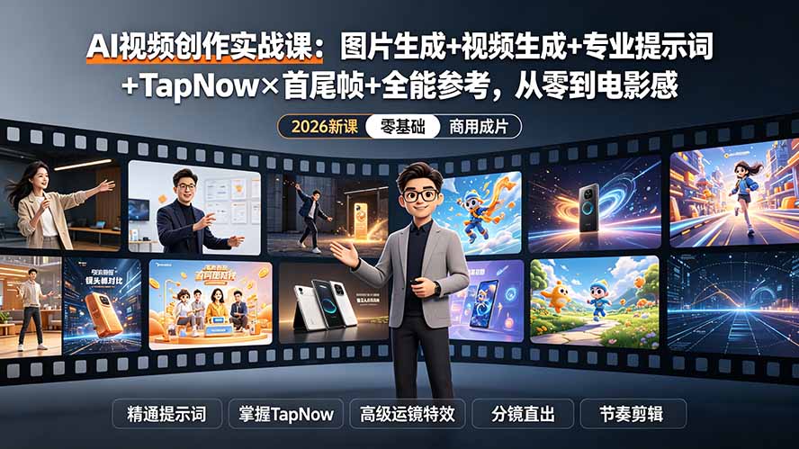 AI视频创作实战课：图片生成+视频生成+专业提示词+TapNow×首尾帧+全能参考，从零到电影感成片-天韵资源网