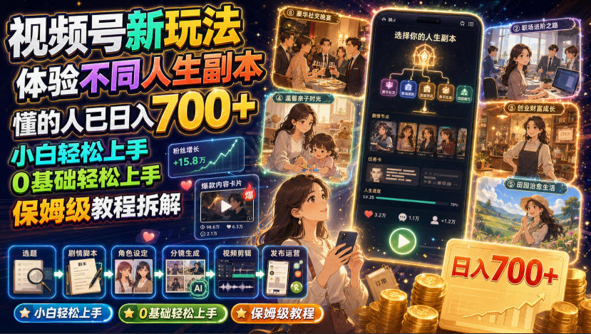 视频号新玩法体验不同人生副本,懂的人已日入700+,小白轻松上手,0基础轻松上手,保姆级教程拆解-天韵资源网