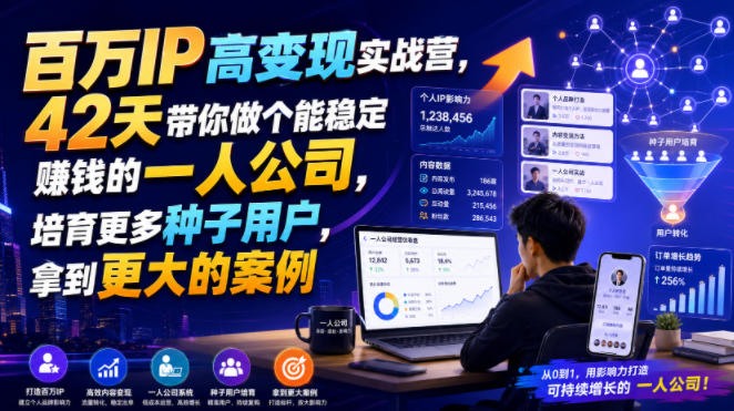 百万IP高变现实战营，42天带你做个能稳定賺钱的一人公司，培育更多种子用户，拿到更大的案例-天韵资源网