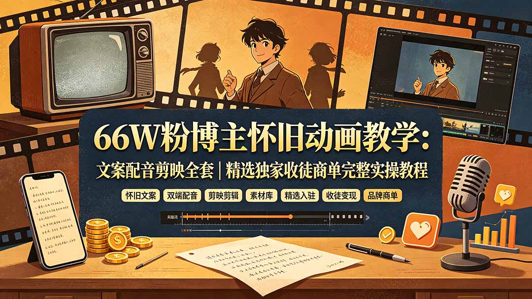 66W粉博主怀旧动画教学：文案配音剪映全套｜精选独家收徒商单完整实操教程-天韵资源网