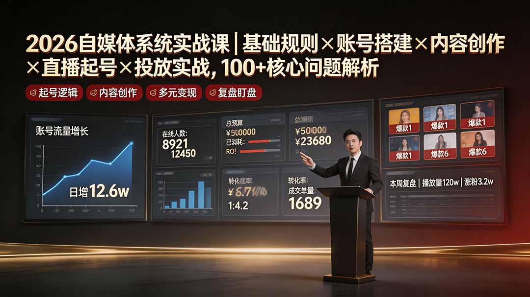 2026自媒体系统实战课｜基础规则×账号搭建×内容创作×直播起号×投放实战，100+核心问题解析-天韵资源网