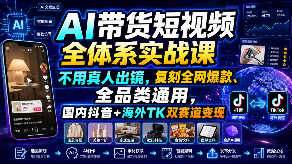 AI带货短视频全体系实战课，不用真人出镜，复刻全网爆款、全品类通用，国内抖音+海外TK双赛道变现-天韵资源网