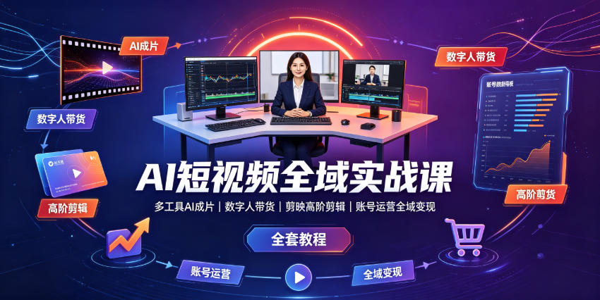 AI短视频全域实战课｜多工具AI成片、数字人带货、剪映高阶剪辑、账号运营全域变现全套教程-天韵资源网