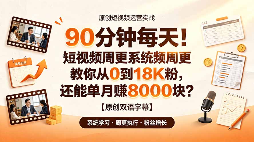 90 分钟每天！短视频周更系统教你从 0 到 18K 粉，还能单月赚 8000 块？【原创双语字幕】-天韵资源网
