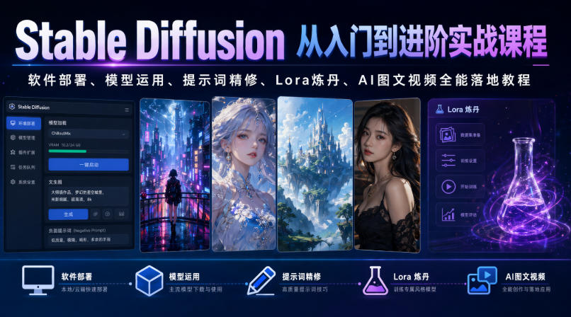 Stable Diffusion从入门到进阶实战课程｜软件部署、模型运用、提示词精修、Lora炼丹、AI图文视频全能落地教程-天韵资源网