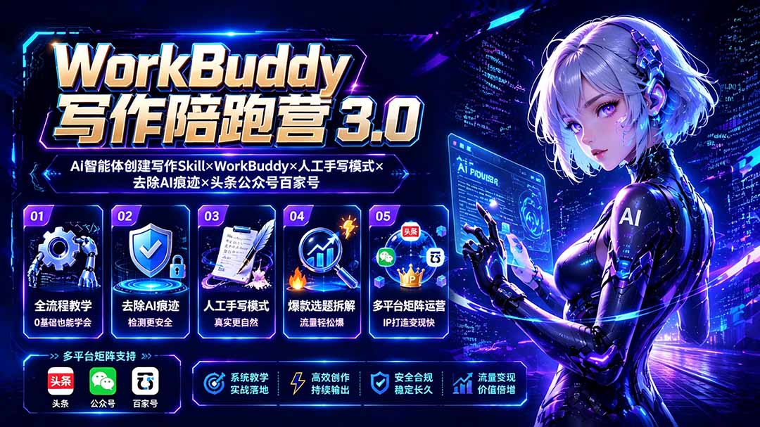 WorkBuddy写作陪跑营3.0-更新：Ai智能体创建写作Skill×WorkBuddy×人工手写模式×去除AI痕迹×头条公众号百家号-天韵资源网