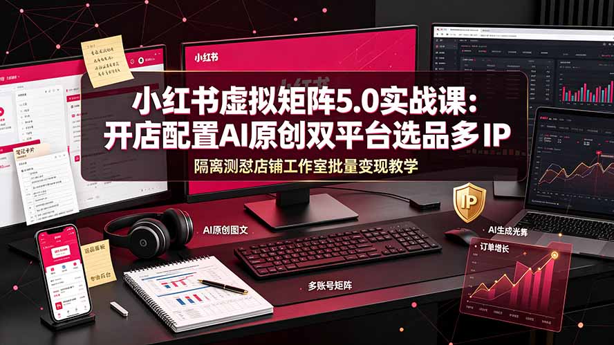 小红书虚拟矩阵5.0实战课：开店配置｜AI原创｜双平台选品｜多IP隔离｜测怼店铺工作室批量变现实操教学-天韵资源网