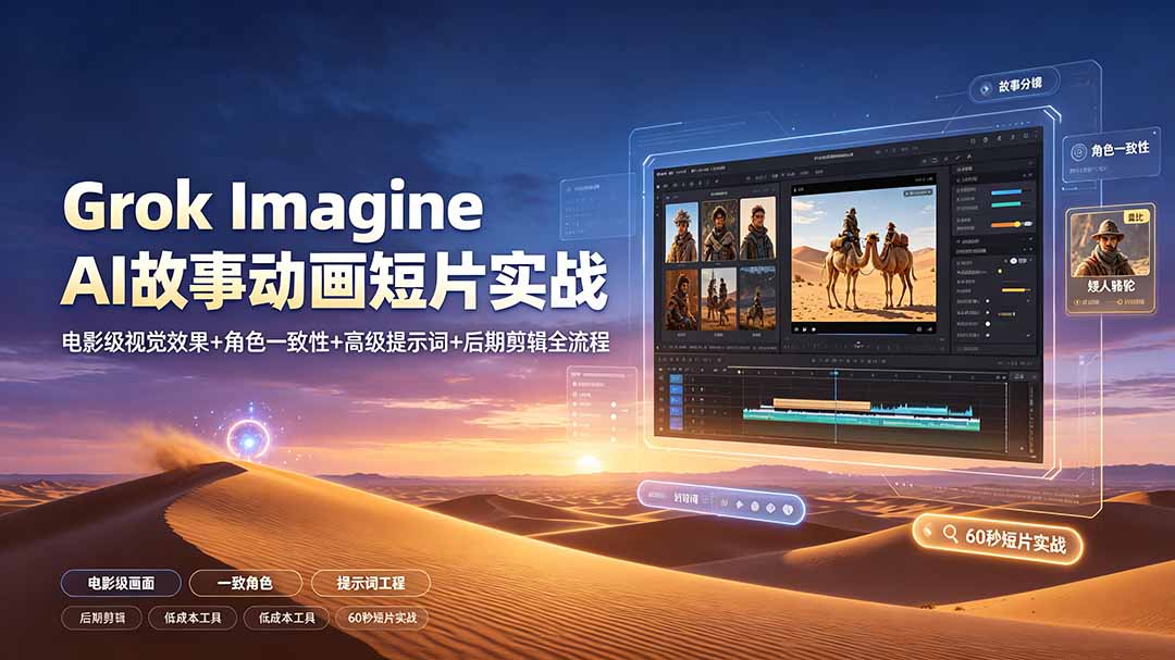 Grok Imagine AI故事动画短片实战：电影级视觉效果+角色一致性+高级提示词+后期剪辑全流程-天韵资源网