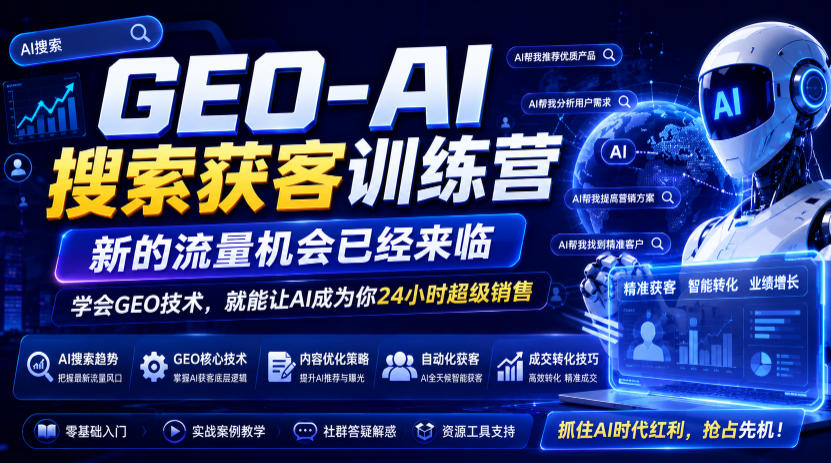 GEO-AI搜索获客训练营，新的流量机会已经来临，学会GEO技术，就能让AI成为你24小时超级销售-天韵资源网