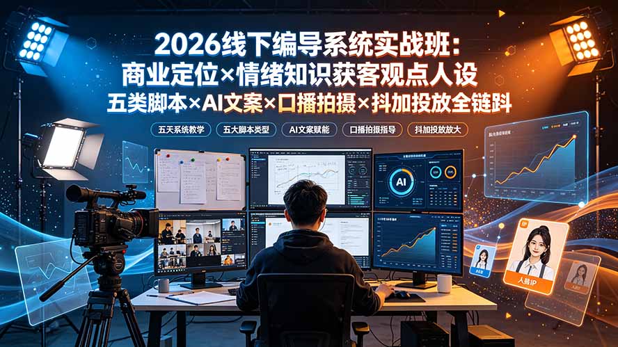 2026线下编导系统实战班：商业定位×情绪知识获客观点人设五类脚本×AI文案×口播拍摄×抖加投放全链路-天韵资源网