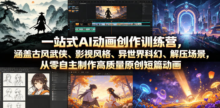 一站式AI动画创作训练营，涵盖古风武侠、影视风格、异世界科幻、解压场景，从零自主制作高质量原创短篇动画(更新)-天韵资源网