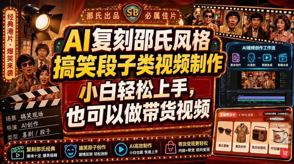 AI复刻邵氏风格搞笑段子类视频制作，小白轻松上手，也可以做带货视频-天韵资源网