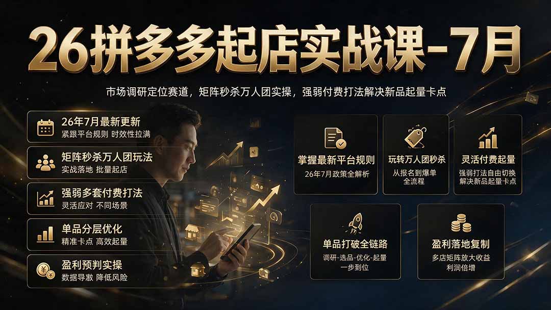 26拼多多起店实战课-7月｜市场调研定位赛道，矩阵秒杀万人团实操，强弱付费打法解决新品起量卡点-天韵资源网