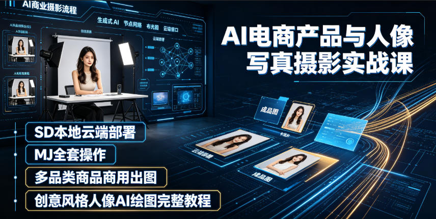 AI电商产品与人像写真摄影实战课｜SD本地云端部署、MJ全套操作、多品类商品商用出图、创意风格人像AI绘图完整教程-天韵资源网