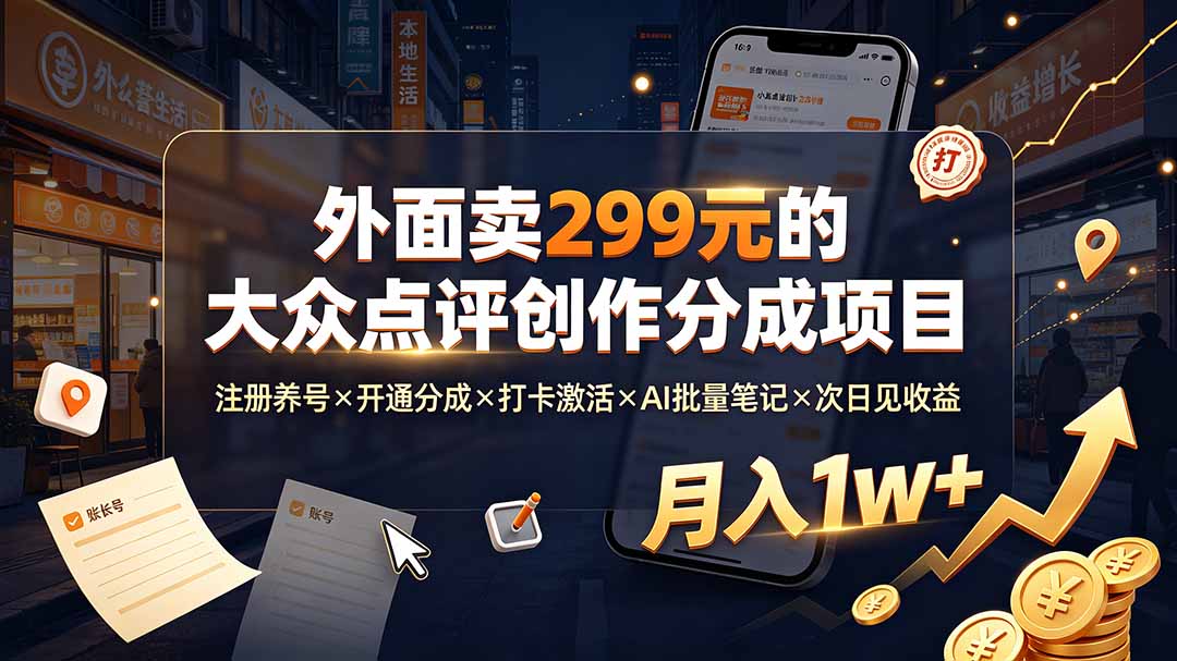 外面卖299元的大众点评创作分成项目：注册养号×开通分成×打卡激活×AI批量笔记×次日见收益，月入1w+-天韵资源网