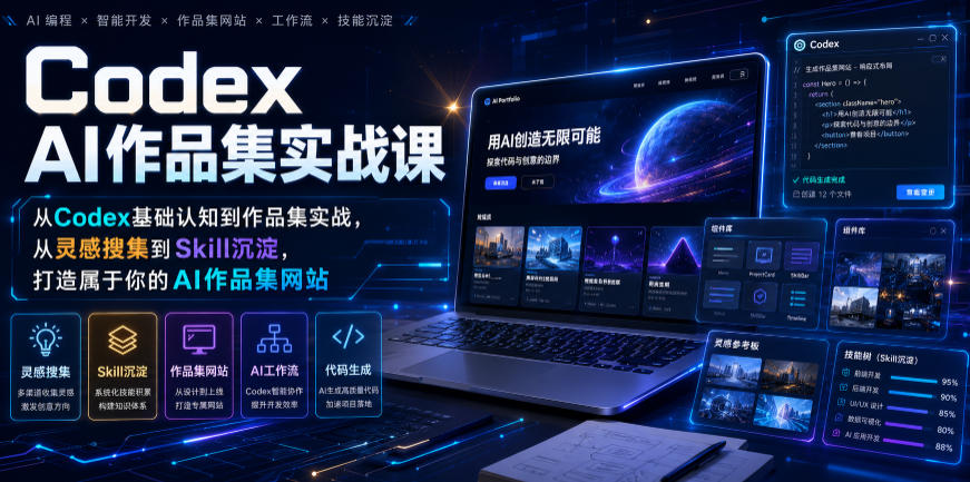 Codex AI作品集实战课，从Codex基础认知到作品集实战，从灵感搜集到Skill沉淀，打造属于你的AI作品集网站-天韵资源网