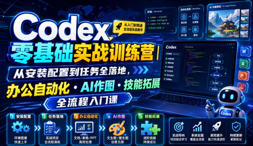Codex零基础实战训练营|从安装配置到任务全落地,办公自动化・AI作图・技能拓展全流程入门课-天韵资源网