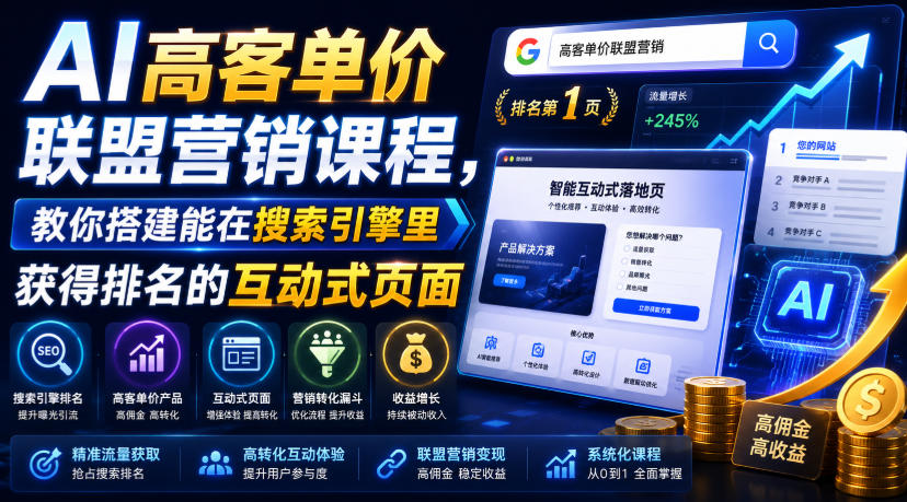 AI高客单价联盟营销课程，教你搭建能在搜索引擎里获得排名的互动式页面，引来流量，把访客转化为高佣金的成交【原创双语字幕】-天韵资源网