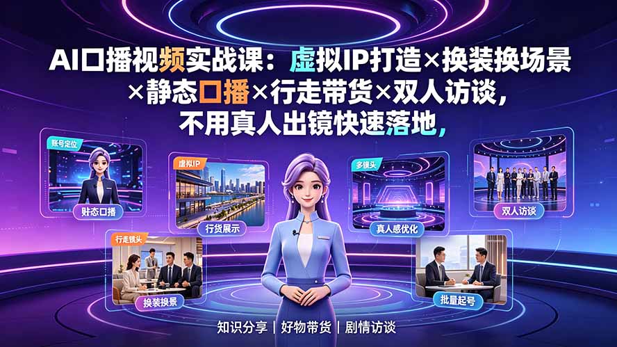 AI口播视频实战课：虚拟IP打造×换装换场景×静态口播×行走带货×双人访谈，不用真人出镜快速落地-天韵资源网