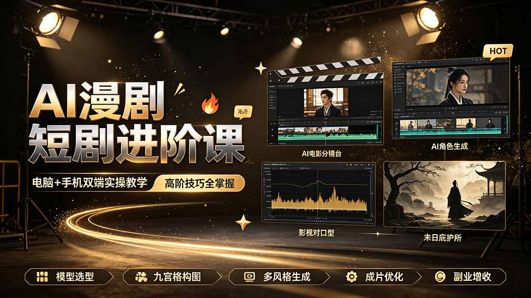 AI漫剧短剧进阶课｜电脑+手机双端实操教学｜影视剧对口型人物吃瓜×解压末日庇护所全程讲解，高阶技巧全掌握-天韵资源网