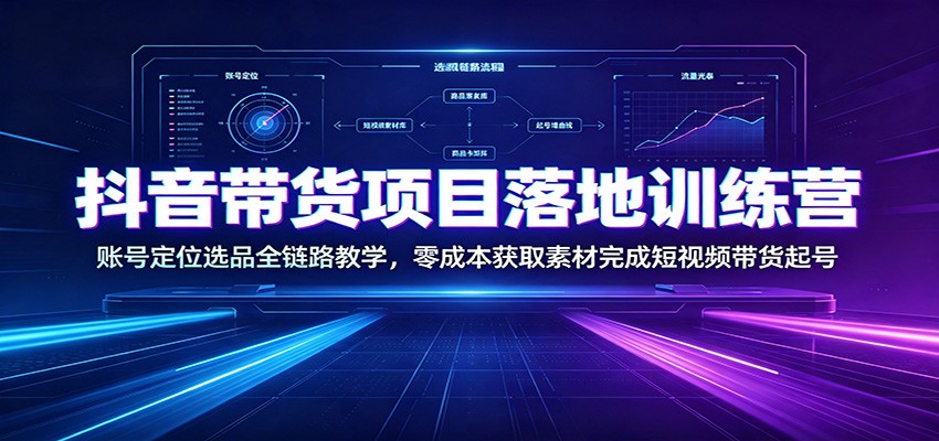 抖音带货项目落地训练营：账号定位选品全链路教学，零成本获取素材完成短视频带货起号-天韵资源网