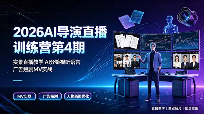 2026AI导演直播训练营第4期，实景直播教学AI分镜视听语言，广告短剧MV实战，解决人物画面崩坏痛点-天韵资源网