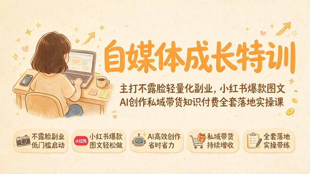 自媒体成长特训｜主打不露脸轻量化副业，小红书爆款图文AI创作私域带货知识付费全套落地实操课-天韵资源网