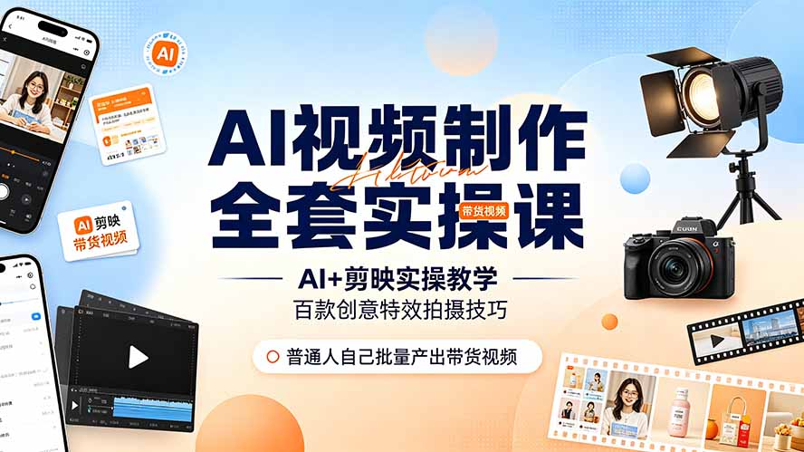 AI视频制作全套实操课，多款AI工具搭配剪映教学，百种特效运镜拍摄实操，抖音账号带货运营全覆盖-天韵资源网