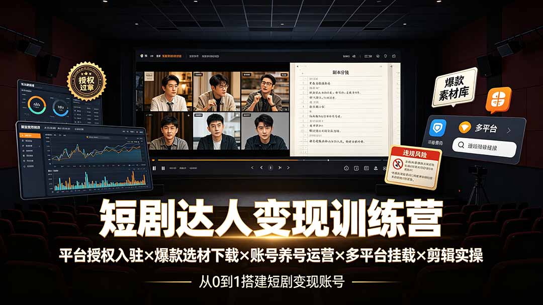 短剧达人变现训练营：平台授权入驻×爆款选材下载×账号养号运营×多平台挂载×剪辑实操×违规处理全流程-天韵资源网