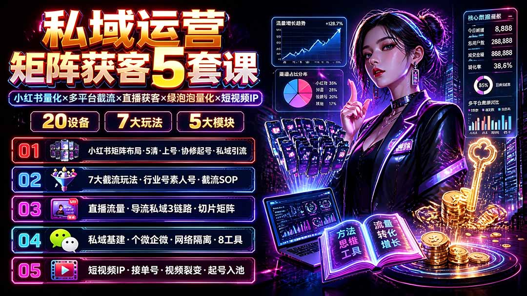私域运营矩阵获客5套课：小红书量化×多平台截流×直播获客×绿泡泡量化×短视频IP×20设备×7大玩法-天韵资源网