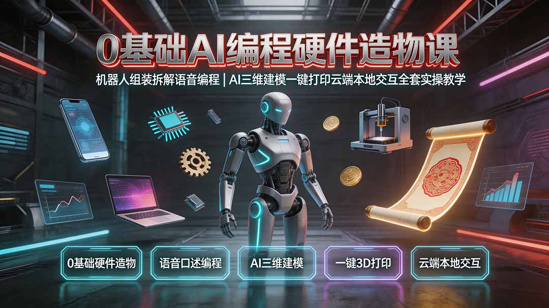 0基础AI编程硬件造物课｜机器人组装拆解语音编程，AI三维建模一键打印云端本地交互全套实操教学-天韵资源网