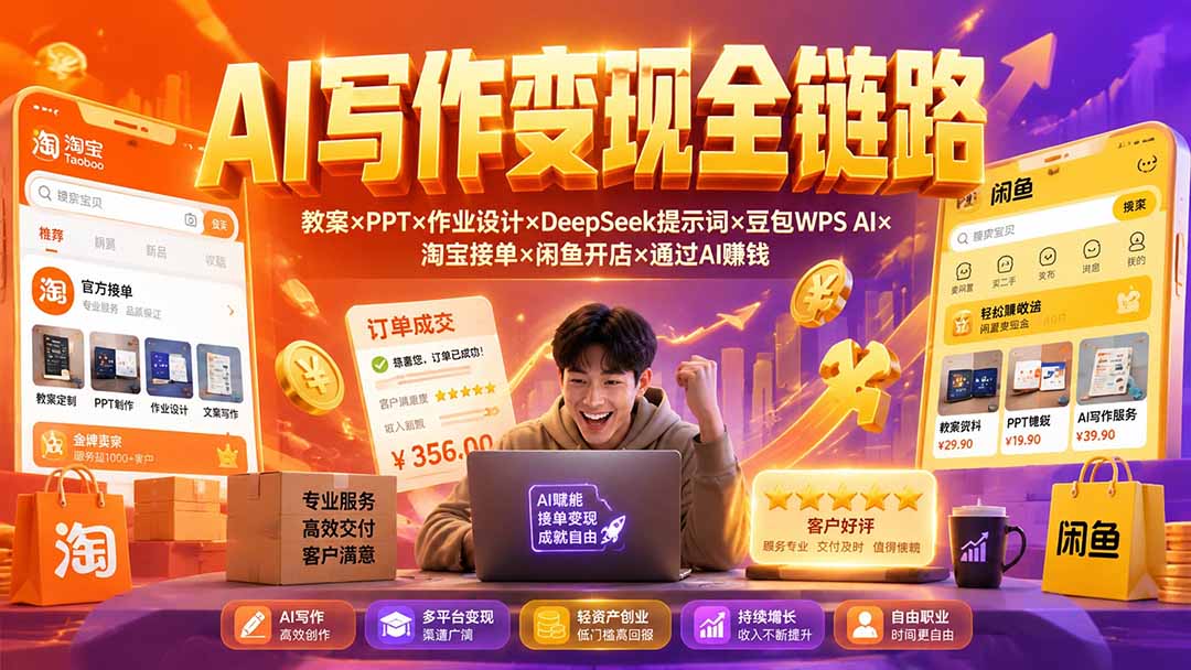 2026AI写作变现全链路：教案×PPT×作业设计×DeepSeek提示词×豆包WPS AI×淘宝接单×闲鱼开店×通过AI賺钱-天韵资源网