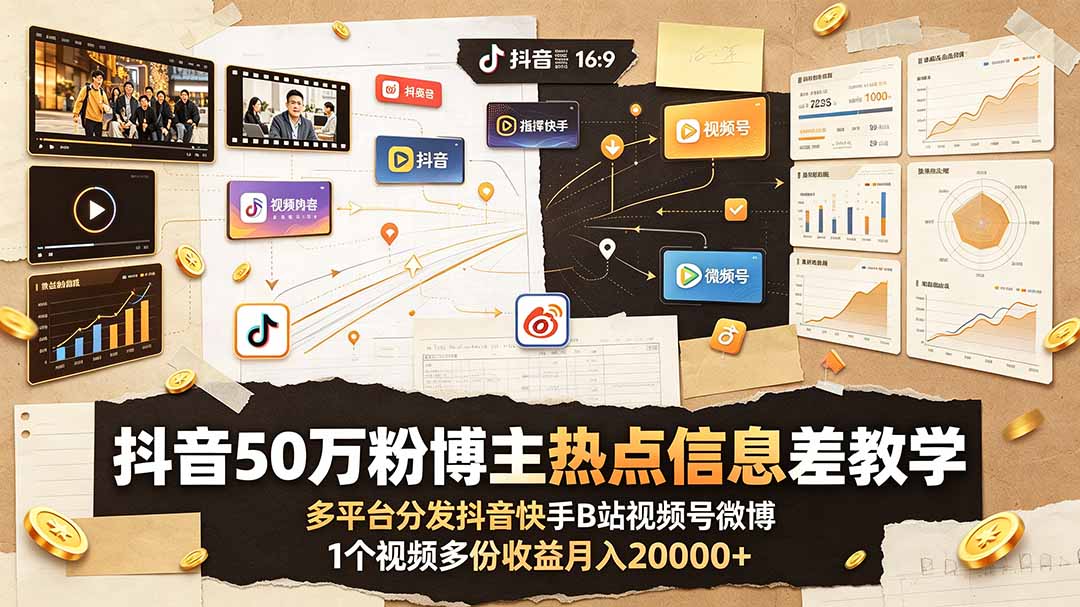 抖音50万粉博主热点信息差教学：多平台分发抖音快手B站视频号微博，1个视频多份收益月入20000+-天韵资源网