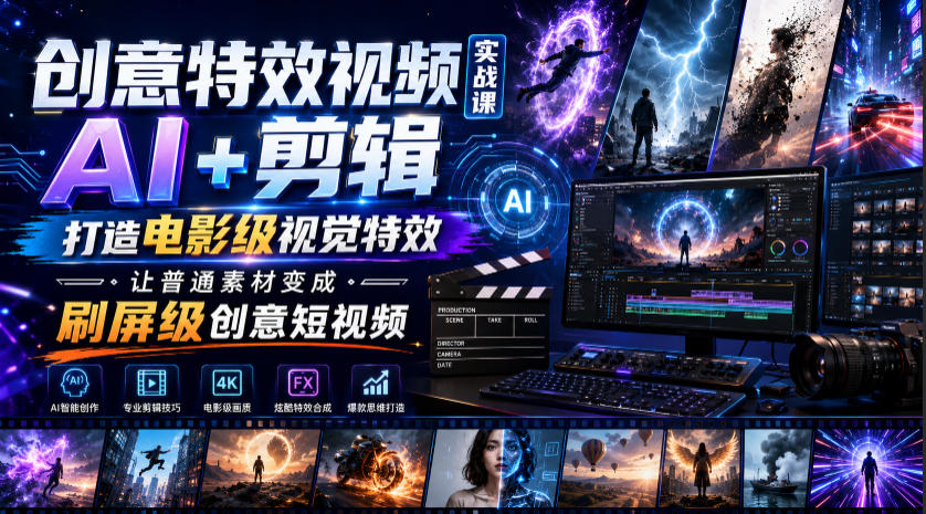 创意特效视频实战课，AI+剪辑打造电影级视觉特效，让普通素材变成刷屏级创意短视频-天韵资源网