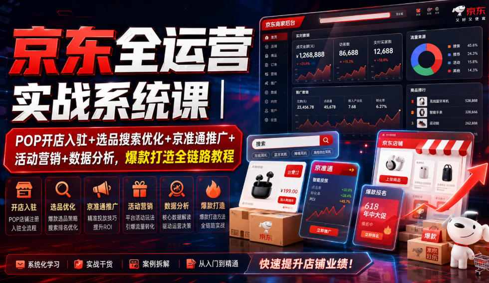 京东全运营实战系统课｜POP开店入驻+选品搜索优化+京准通推广+活动营销+数据分析，爆款打造全链路教程-天韵资源网