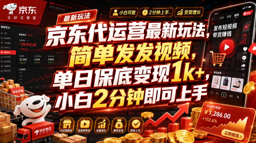 京东代运营最新玩法,简单发发视频,单日保底变现1k+,小白2分钟即可上手【揭秘】-天韵资源网