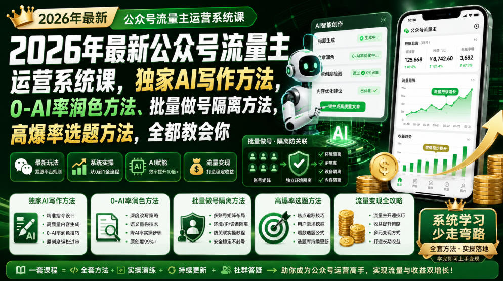 2026年最新公众号流量主运营系统课,独家AI写作方法,0-AI率润色方法、批量做号隔离方法、高爆率选题方法,全都教会你-天韵资源网