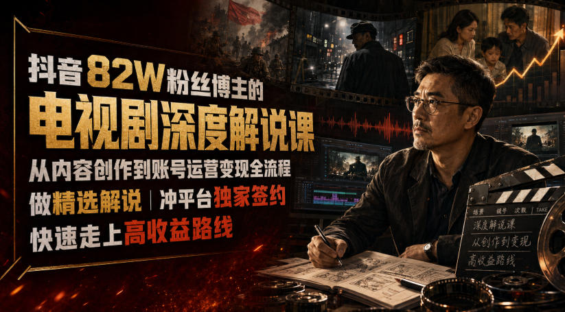 抖音82W粉丝博主的电视剧深度解说课，从内容创作到账号运营变现全流程，做精选解说，冲平台独家签约，快速走上高收益路线-天韵资源网